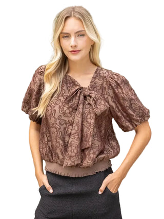 Large Front Bow Detail Burn Out Floral Top in Brown
