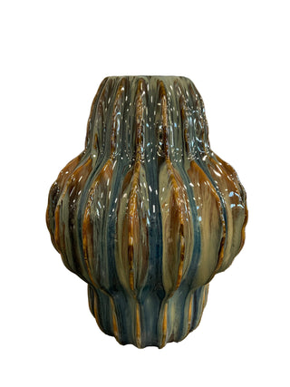 Large Idris Vase ceramic beige teal blue green beige cream ridge