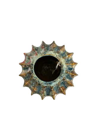 Large Idris Vase ceramic ridge scallop teal green blue beige cream