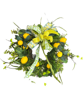 Lemons Wreath with Green and White Bow lemon chinoiserie scroll