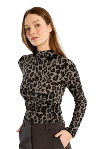 Leopard Mock Neck Top in Cark Grey