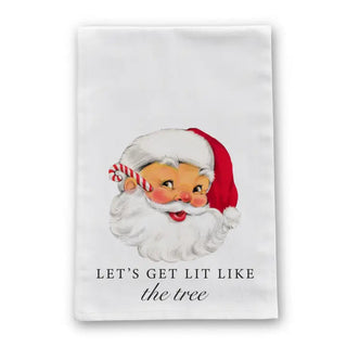 White towel with a Santa Claus design and text 'Let's get lit like the tree' on a white background. Let's Get Lit Vintage Retro Christmas Tea Towel