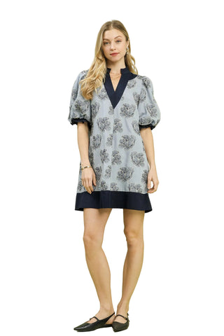 Light Blue Embroidered V-Neck Mini Dress