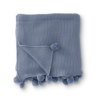 Light Blue Knit Throw Blanket with Pompoms
