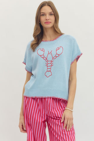 Light Blue Short Sleeve Sweater with Lobster