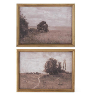 Two framed landscape paintings with trees and fields on a white background. Light Fir Wood Framed Nature-scape Print 15" Assorted
