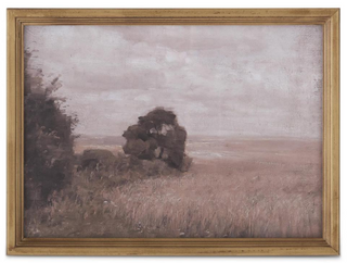 Painting of a landscape with a large tree in a field, framed in wood frame. Light Fir Wood Framed Nature-scape Print 15" Assorted