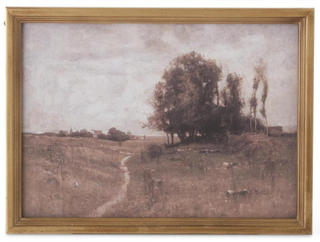 Framed landscape painting with a path and trees on a textured background. Light Fir Wood Framed Nature-scape Print 15" Assorted