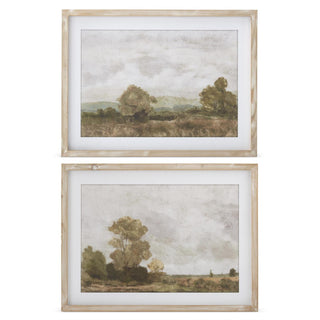 Two framed landscape paintings with wooden frames on a white background. Light Fir Wood Framed Nature-scape Print 24" Assorted