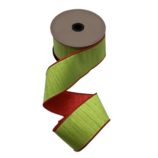Lime Green Slub Dupion Metallic Ribbon with Red Back 2.5" - Sold by the Foot