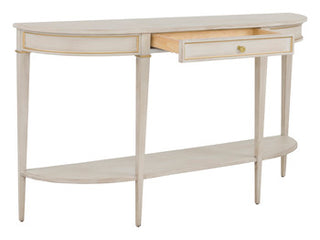 Linea One Drawer Console in Champagne Mist white wash distress gold knob shelf