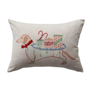 Linen Lumbar Pillow with Embroidered Dachshund & Patterned Back multicolor Christmas treats candy canes