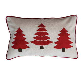 Linen Lumbar Pillow with Trees, Embroidery Beads & Piping red ivory gold accent