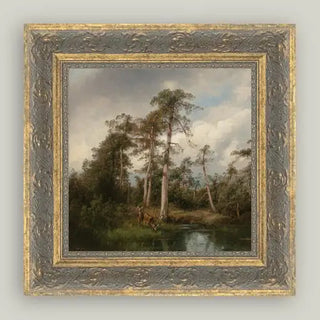 Live Oaks with Deer Framed Antique Art 6"x6"