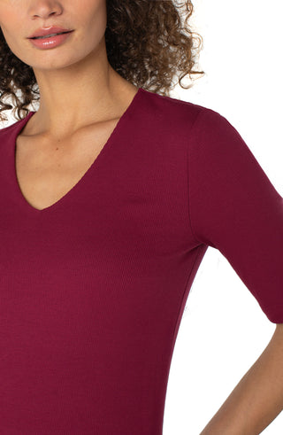 Woman wearing a burgundy short-sleeve top on a white background
