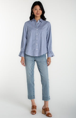 Liverpool Adjustable Sleeve Button Front Woven Top in Blue & White Stripe