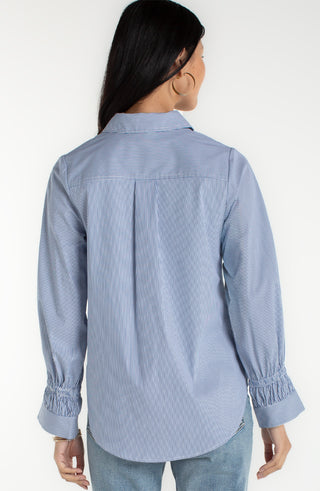Liverpool Adjustable Sleeve Button Front Woven Top in Blue & White Stripe