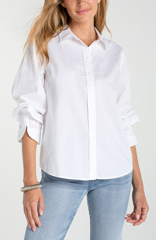 Liverpool Adjustable Sleeve Button Front Woven Top in White