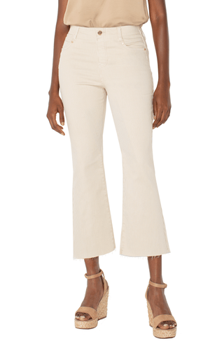 Liverpool cropped, beige and cream striped denim jeans with a back pleat accent 