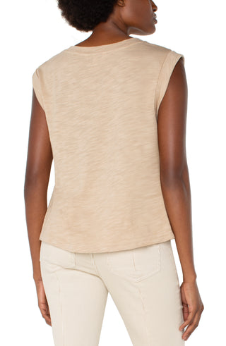 Liverpool cap sleeve champagne top with satin front and cotton back
