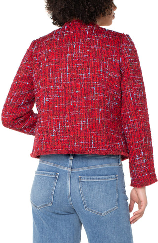 Liverpool Collarless Jacket with Frayed Edges in Red Multi Boucle
