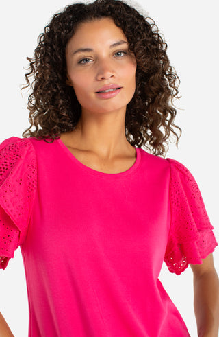 Liverpool Diva Pink Short Sleeve Knit-to-Woven Top with Embroidery