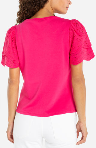 Liverpool Diva Pink Short Sleeve Knit-to-Woven Top with Embroidery