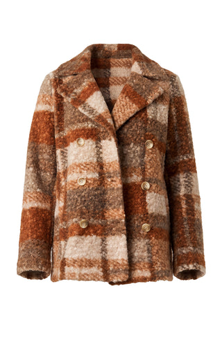 A double-breasted plaid coat in a textured bouclé fabric, featuring a pattern of rust orange, brown, and cream. It has wide lapels, double-breasted buttons, and long sleeves, shown against a plain white background. Liverpool Double-Breasted Peacoat, Nutmeg Plaid