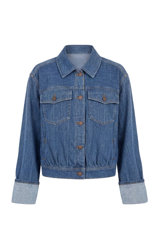 A classic blue denim jacket with a button-up front, two chest flap pockets, and rolled cuffs, shown against a plain white background. Liverpool Dreamer Denim Jacket, Dreamstate