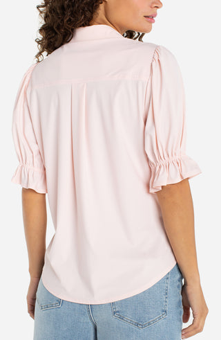Liverpool Elbow Puff Sleeve Snap Front Knit Shirt in Light Pink