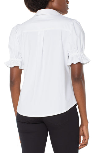 Liverpool Elbow Puff Sleeve Snap Front Knit Shirt in White