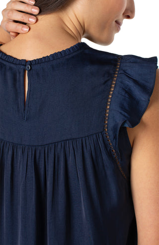 Navy blue dress with ruffled sleeves on a white background