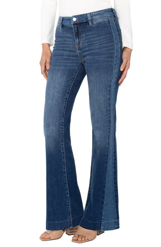 Liverpool Hannah Blue flared jeans worn by a person on a white background. Liverpool Hannah Flare with Blocking Details, Ridgely