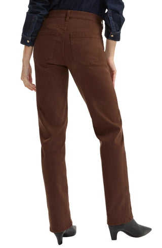 Liverpool Kennedy Straight with Comfort Waist in Carob Brown
Rear view of a model wearing brown straight-leg jeans with a dark blue denim shirt and black pointed-toe boots, photographed against a light gray studio background.