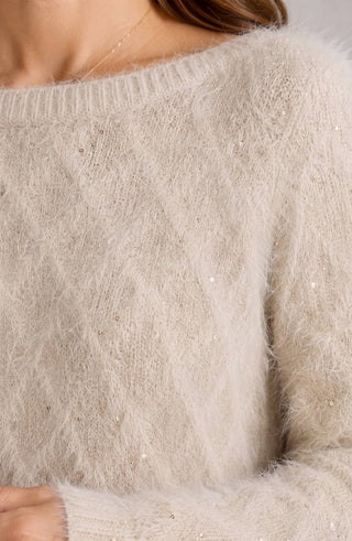 Liverpool Long Sleeve Boatneck Sweater in Light Camel
Close-up of a person wearing a fuzzy knit sweater in a warm off-white or cream tone, with subtle sparkly details and a ribbed crew neckline.