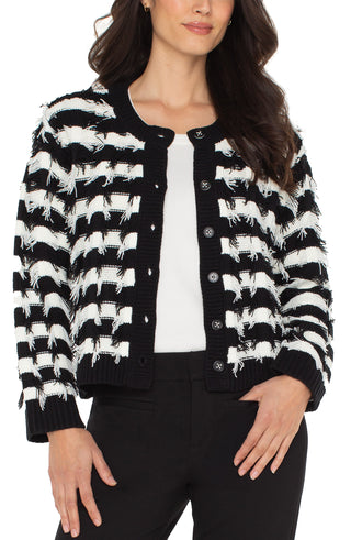Liverpool Long Sleeve Cardigan Sweater in Black & White Fringe Stripe