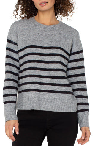 Liverpool Long Sleeve Crew Neck Dropped Shoulder Sweater in Light Grey with Charcoal Stripes
