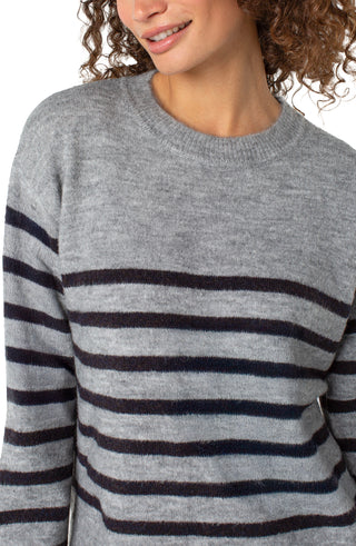 Liverpool Long Sleeve Crew Neck Dropped Shoulder Sweater in Light Grey with Charcoal Stripes