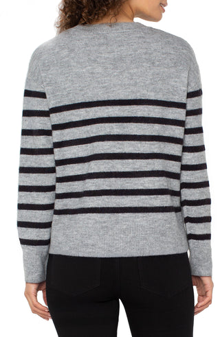 Liverpool Long Sleeve Crew Neck Dropped Shoulder Sweater in Light Grey with Charcoal Stripes