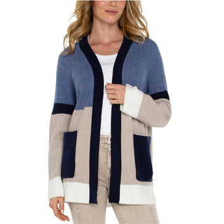A model wearing a long sleeve Liverpool open cardigan with blue, navy blue, white, and beige accents.