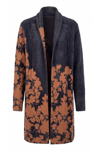 Liverpool Long Sleeve Open Front Shawl Sweater Coat, Brown/Black Floral