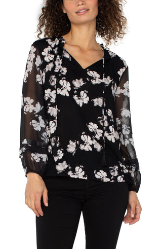 Liverpool Long Sleeve Popover Shirred Woven Blouse in Black & White Floral