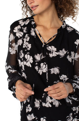 Liverpool Long Sleeve Popover Shirred Woven Blouse in Black & White Floral