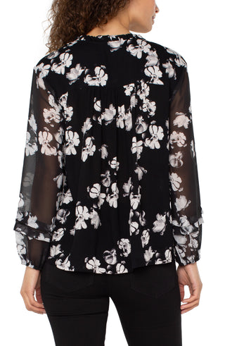 Liverpool Long Sleeve Popover Shirred Woven Blouse in Black & White Floral