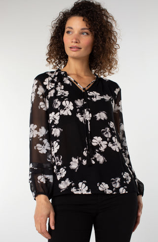 Liverpool Long Sleeve Popover Shirred Woven Blouse in Black & White Floral