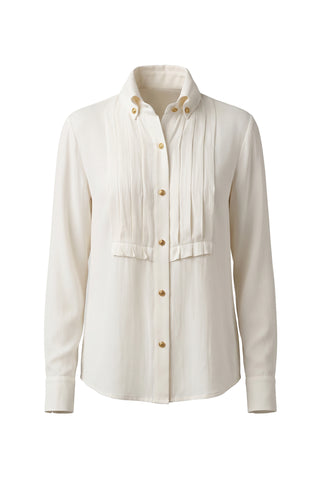 Liverpool Long Sleeve Tuxedo Top with High Collar in Whipped Cream