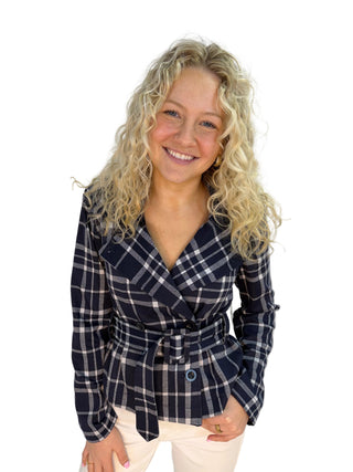 Liverpool Midnight & White Plaid Cropped Trench Jacket with Belt blue navy button