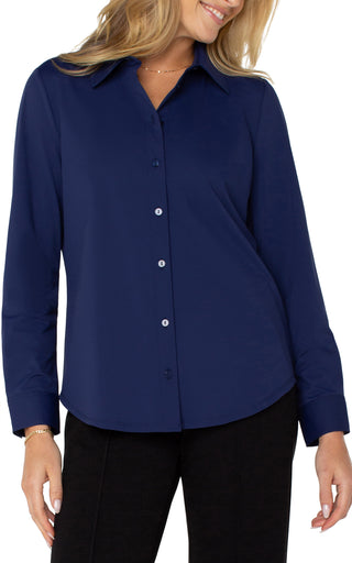 Liverpool Navy Long Sleeve Button Front Knit Shirt