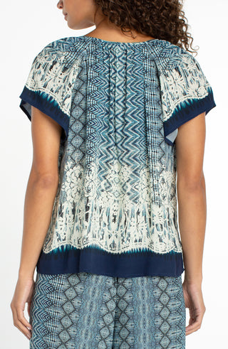 Liverpool Nomad Ikat Print Short Sleeve Woven Top with Front Tie Detail