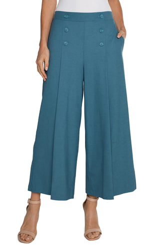 Ocean blue wide leg sailor crop pants with a faux 6-button front detail, elastic back waistband, and front pleat.